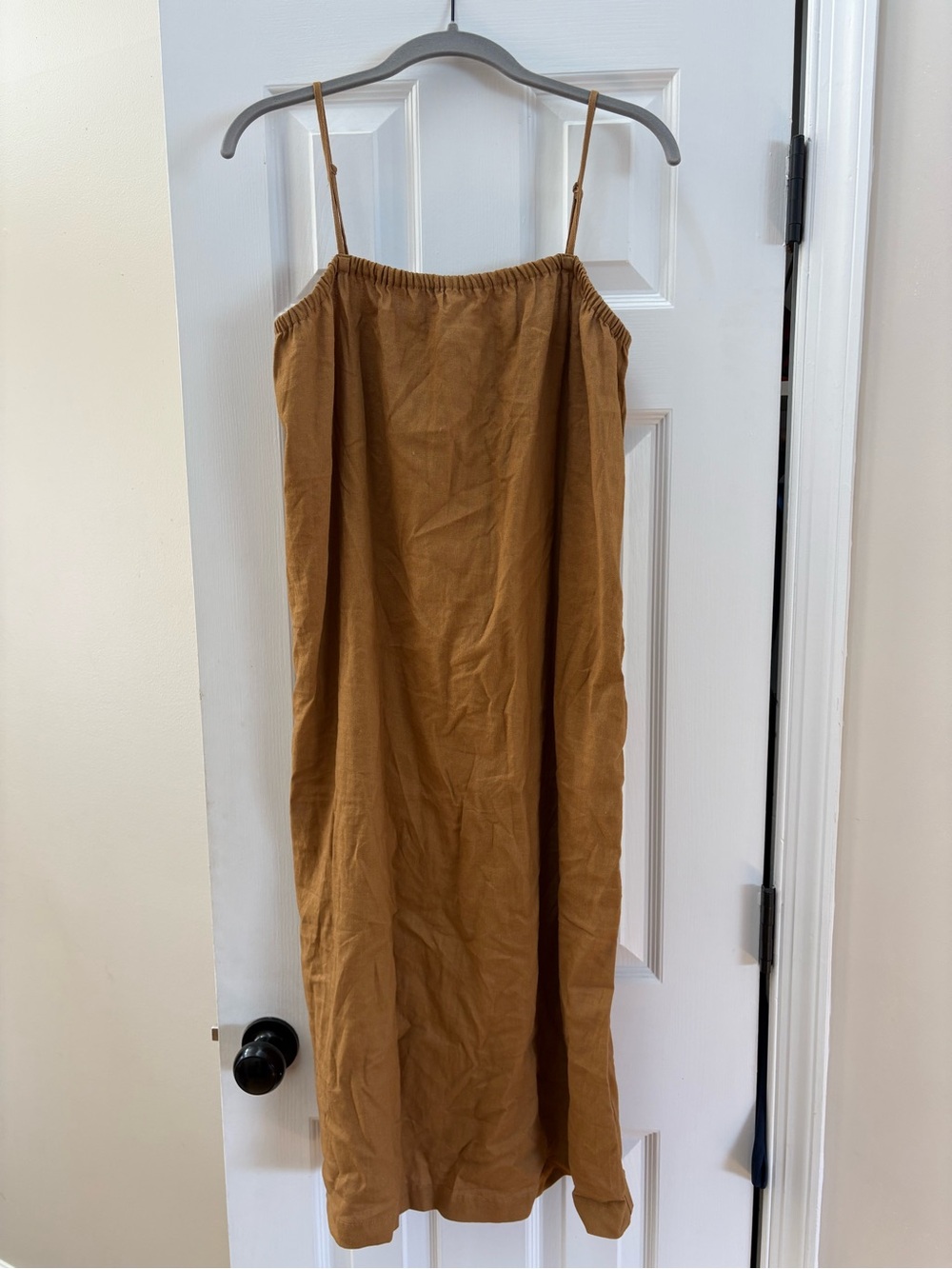 Strappy Linen Slip Dress in Warm Camel Brown